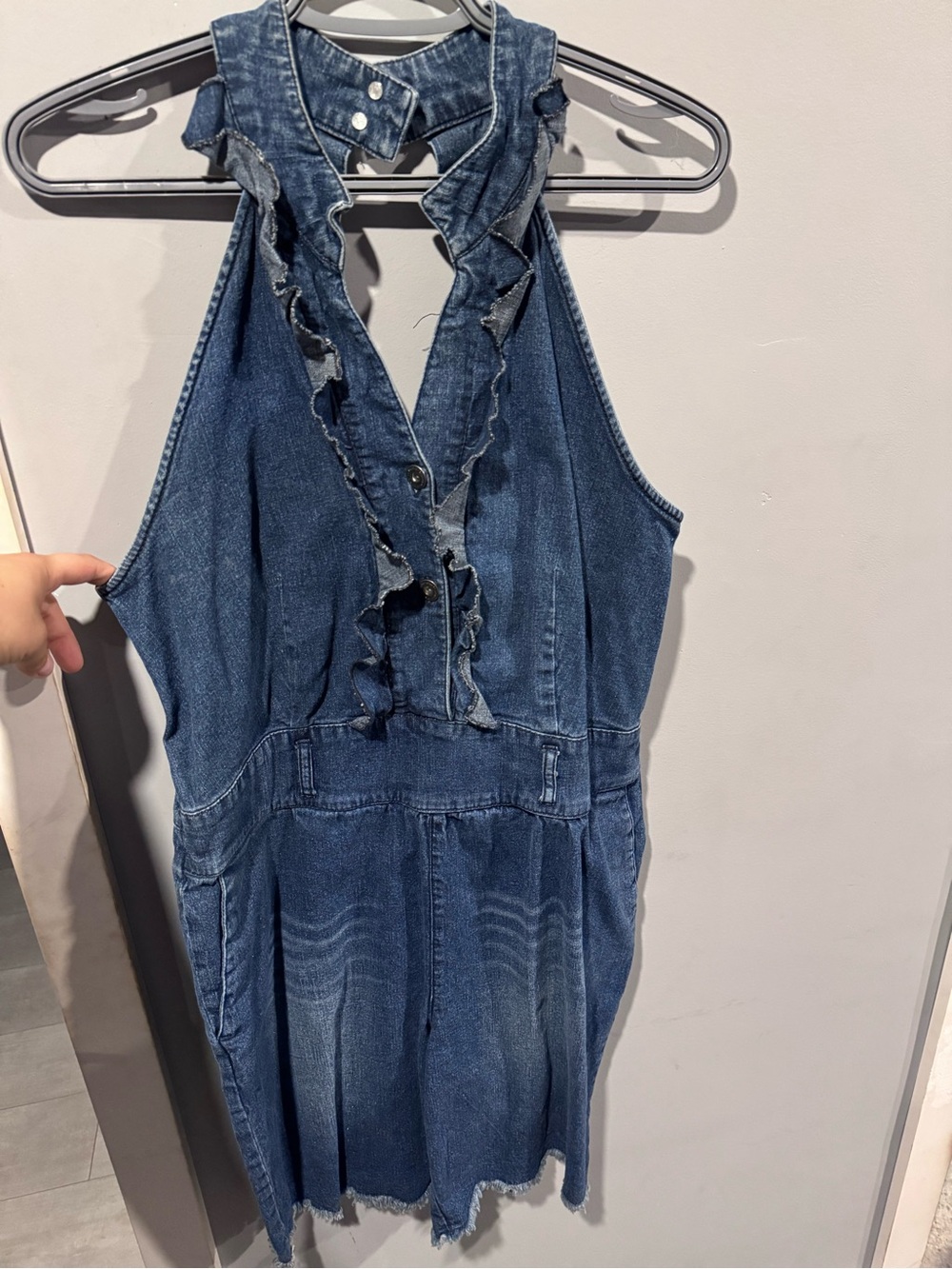 Denim Ruffle Halter Jeans Dress - Blue
